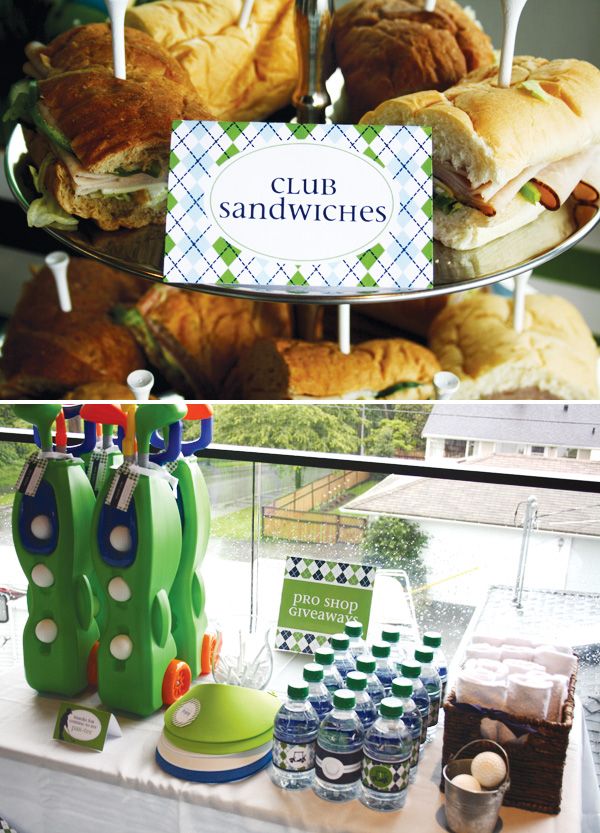 there are sandwiches and drinks on display at this party, along with cupcakes