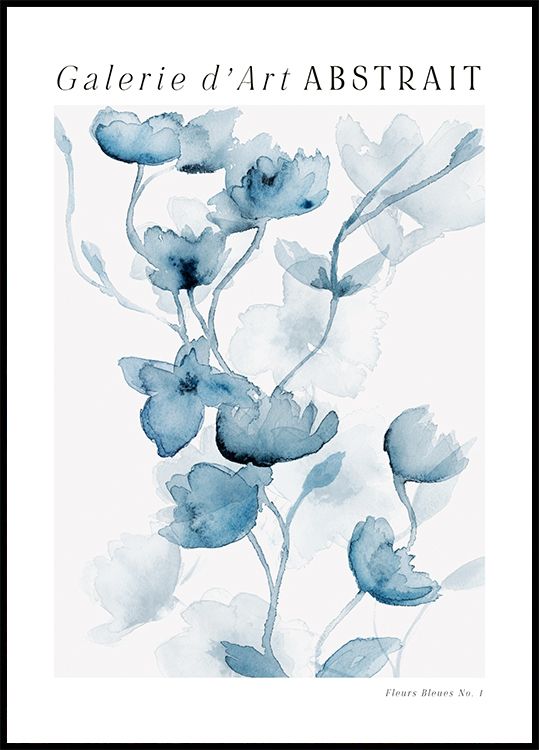 a blue and white poster with flowers on it