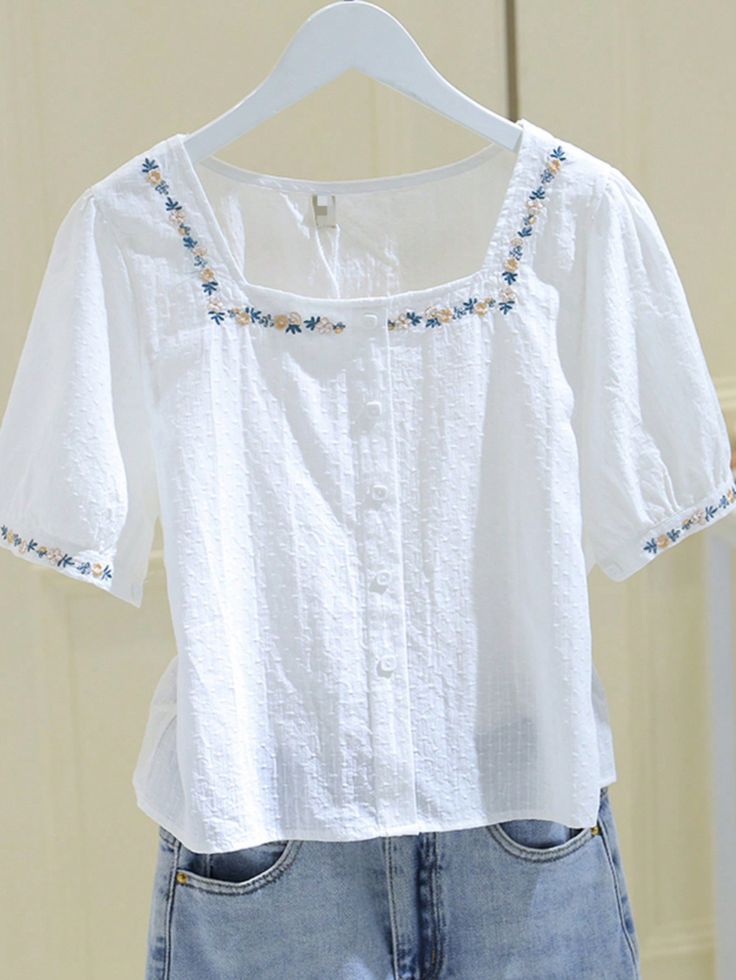 Women's Fashionable Elegant Floral Embroidery Shirt White Casual  Short Sleeve Woven Fabric Plain Top Non-Stretch  Women Clothing, size features are:Bust: ,Length: ,Sleeve Length: Embroidery White Shirt, Short Tops With Jeans, Embroidery On White Shirt, Short Blanco, College Wardrobe, Simple Hand Embroidery Patterns, Embroidery Shirt, Jeans Tops, Shirt Embroidery