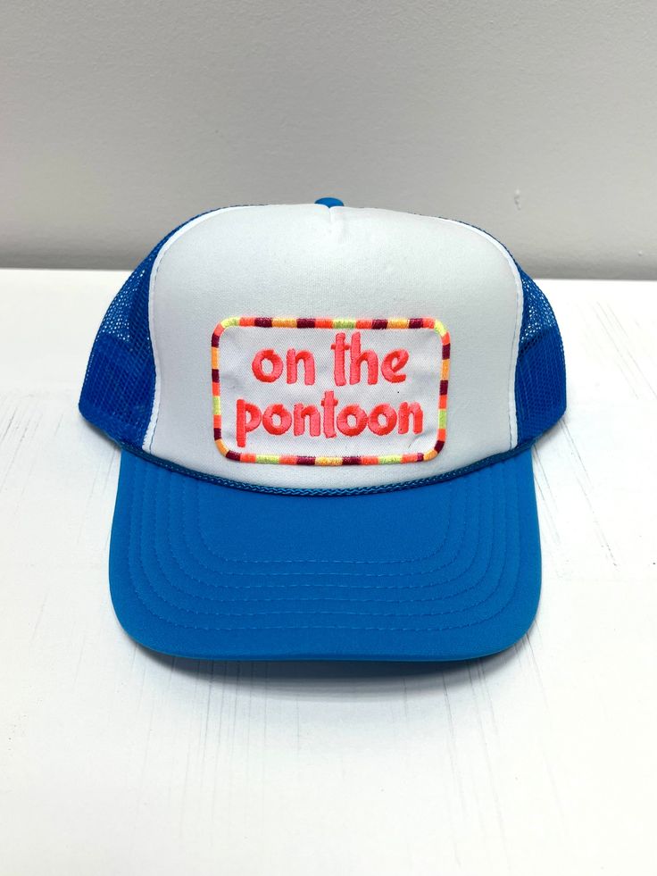 Blue embroidered cap, perfect hat to wear to the lake, beach or just to stay fashionable. Blue foam trucker cap with neon orange thread *Made in-house* Blue Fun Snapback Hat For Summer, Fun Blue Snapback Hat For Summer, Blue Fun Style Snapback Hat, Fun Blue Trucker Hat, Playful Blue Trucker Hat For Summer, Fun Blue Snapback Baseball Cap, Playful Blue Summer Trucker Hat, Fun Blue Adjustable Trucker Hat, Fun Blue Snapback Hat