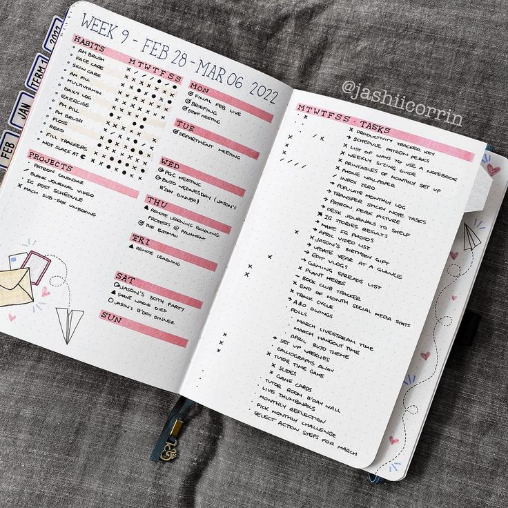 an open planner book with pink and white writing on the pages, sitting on a bed