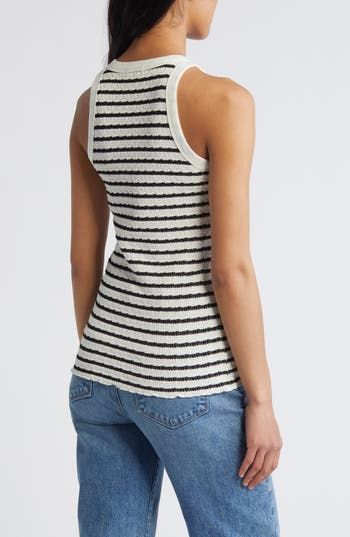 Showcase your toned shoulders in this stretchy, textured-knit tank encircled with zesty stripes. 25" length Crewneck 50% cotton, 43% polyester, 7% spandex Machine wash, dry flat Imported Striped Ribbed Cotton Tank Top, Striped Stretch Tank Top, Striped Ribbed Tank Top, Striped Ribbed Sleeveless Top, Striped Fitted Tank Top With Tank Straps, Chic Fitted Textured Knit Tank Top, Chic Textured Knit Fitted Tank Top, Textured Knit Tank Top, Spring Stretch Textured Knit Tank Top