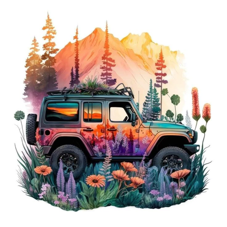 a painting of a jeep with trees and flowers on the front is shown in this image