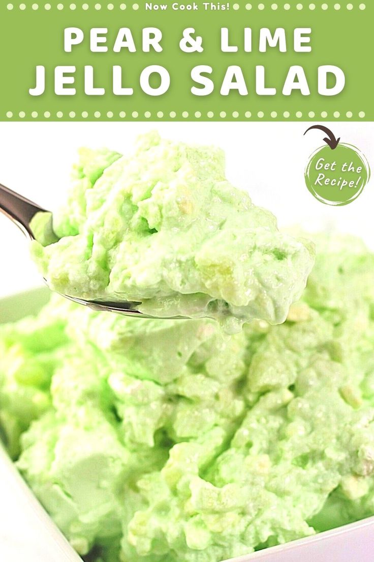 a spoon full of green jello salad with the title overlay reads pea and lime jello salad