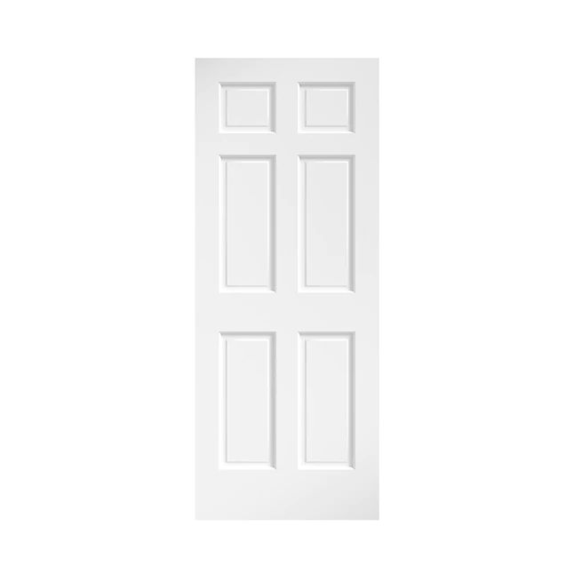 a white door with four panes on the top and bottom panel, against a white background