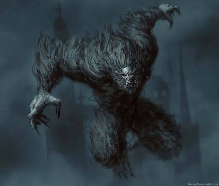 a creature is flying through the air in front of a cityscape with dark clouds