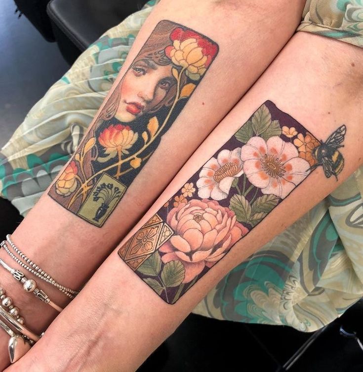 two women with matching tattoos on their legs, both have flowers and butterflies in them