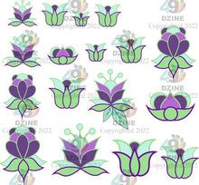 purple and green flowers with leaves in the middle, set of nine different designs on white background