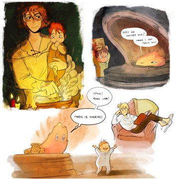 a comic strip with an image of two people and a cat in front of a fireplace