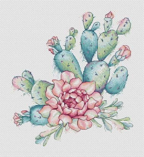 a cross stitch pattern with flowers and cacti