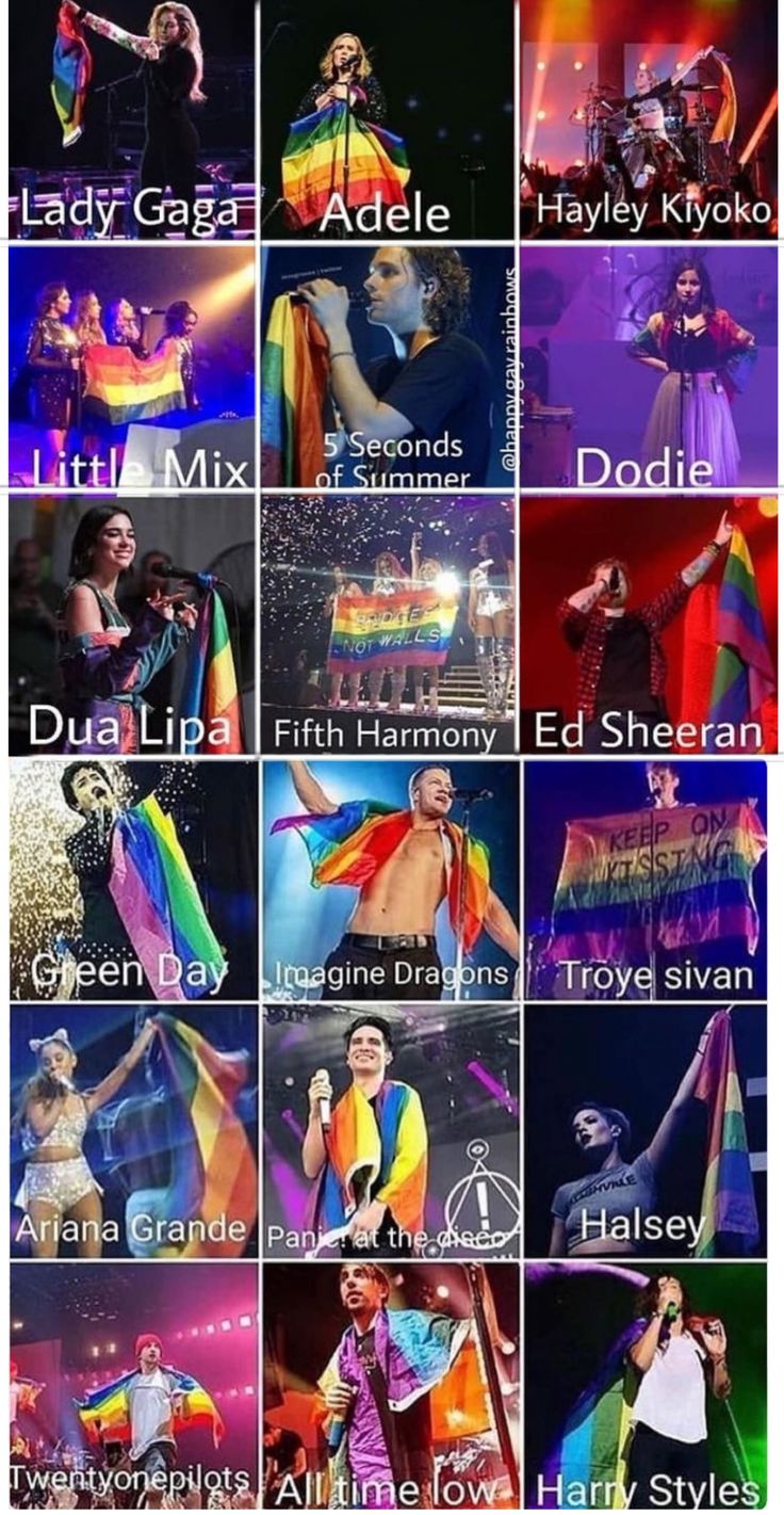 many different pictures of people on stage with microphones and rainbow flags in their hands