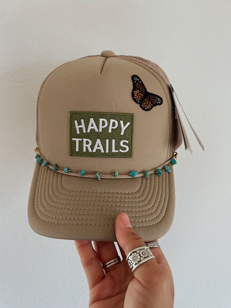 One of a kind custom trucker hat, ready to ship. Includes patches and removable hat chain. Foam front, mesh back with adjustable snap. Hat Chain, Custom Trucker Hats, Happy Trails, Custom Hats, Turquoise Jewelry, Trucker Hats, Turquoise Sterling Silver, Exclusive Designs, Trucker Hat