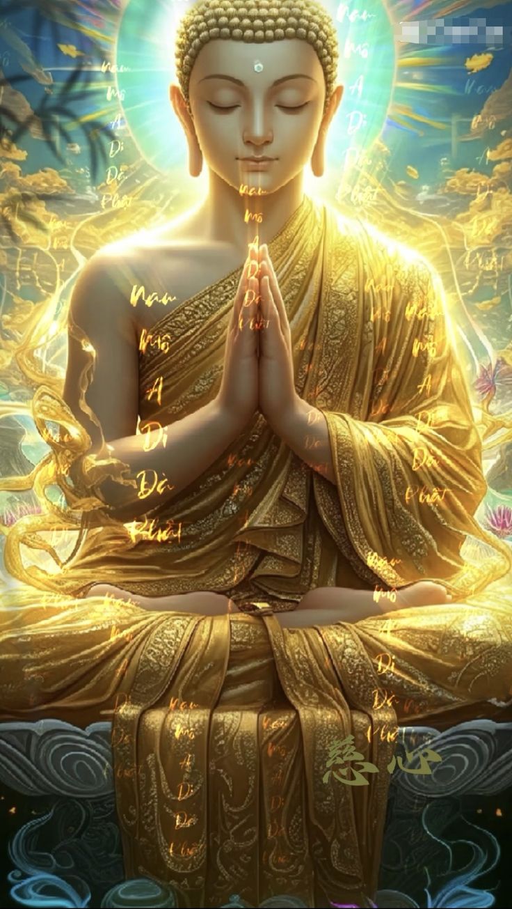 the buddha is sitting in meditation position with his hands clasped up to his chest and eyes closed