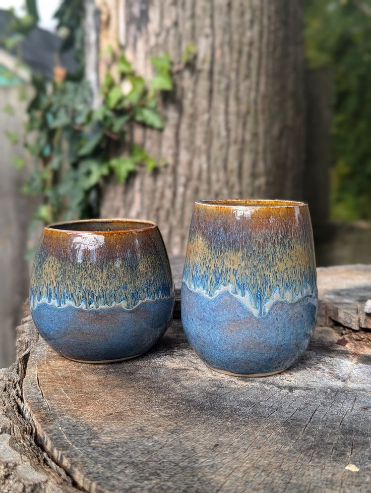 two cups sitting on top of a tree stump