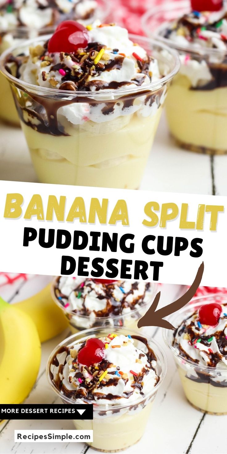 banana split pudding cups dessert with chocolate and sprinkles