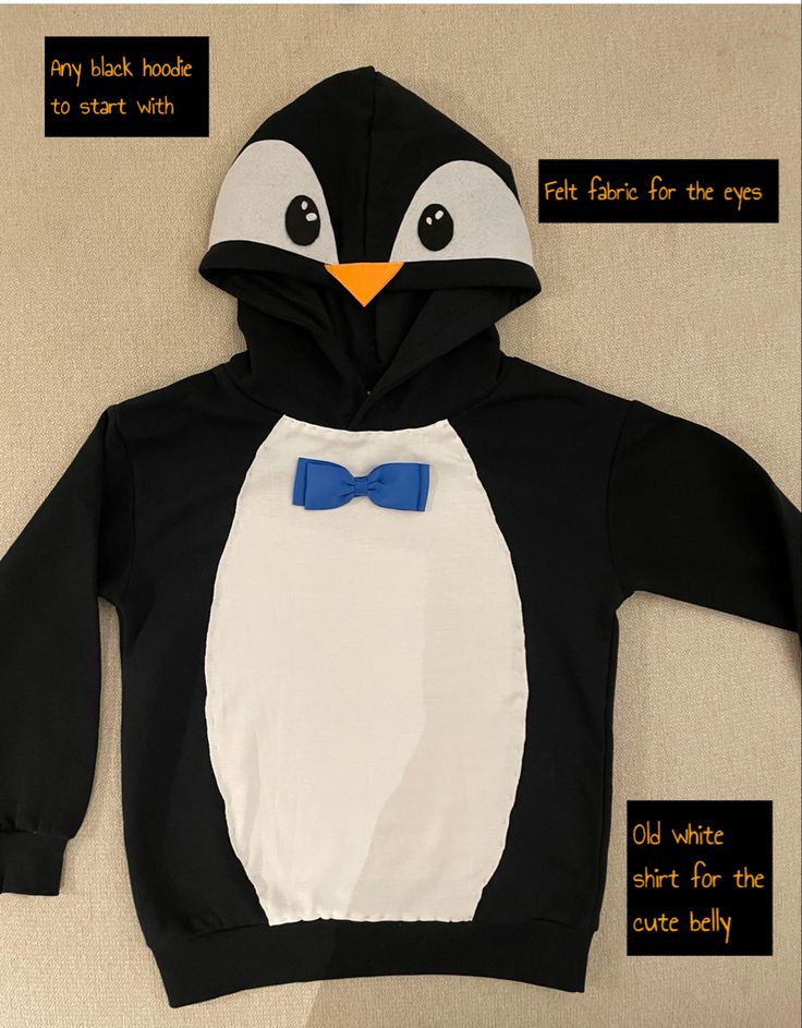 a penguin with a bow tie on it's hoodie and instructions for how to sew