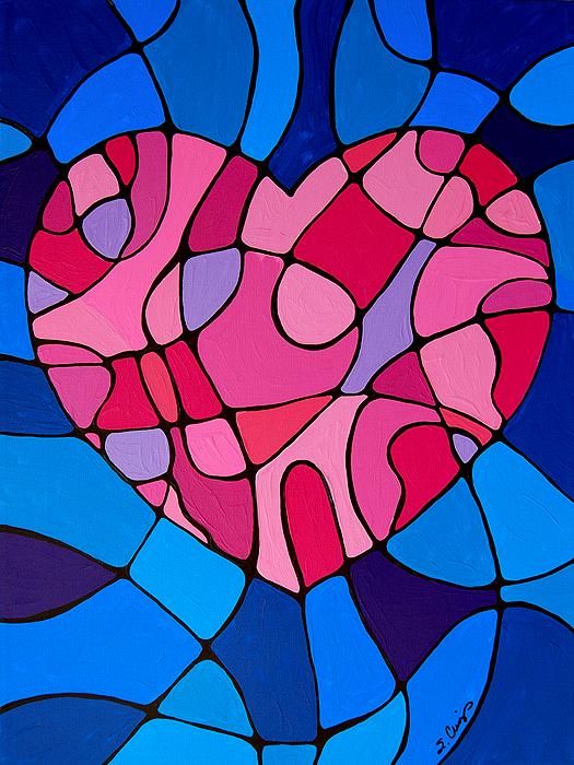 a painting of a heart in blue and pink