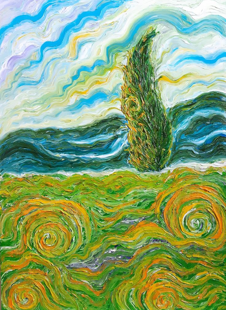 an abstract painting of a tree in the middle of a field with swirls on it