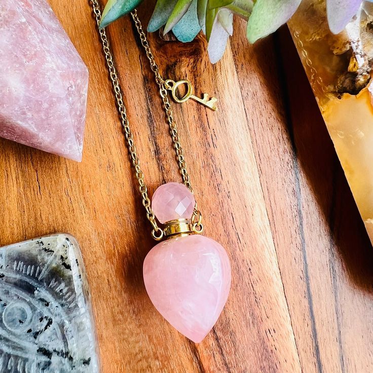 Our Rose Quartz Necklace is a wearable, healing talisman. Full of natural gemstones energies, it is the perfect piece to complement any outfit, with a natural, tropical and boho style to bring love, light, and healing into life. ”I am worthy of loving and being loved.” Use as Essential oils or perfume bottle necklace. Hair Locket, Cremation, Memorial, Urn, Ashes Fillable Jewelry. 17.32" x 2mm stainless steel chain enameled in 14k gold. Urn Ashes, Hair Locket, Outfit References, Being Loved, Rose Quartz Necklace, Bottle Necklace, Love Light, Quartz Necklace, Perfume Bottle