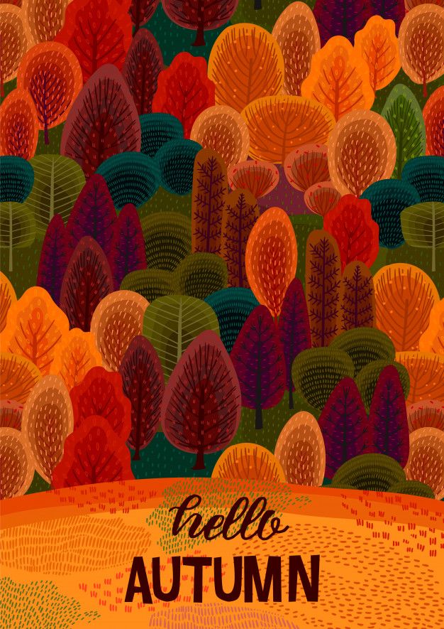 an autumn poster with trees and the words hello autumn