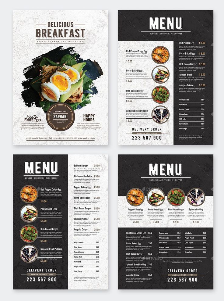 an image of a restaurant menu with food items on the front and back pages, including eggs