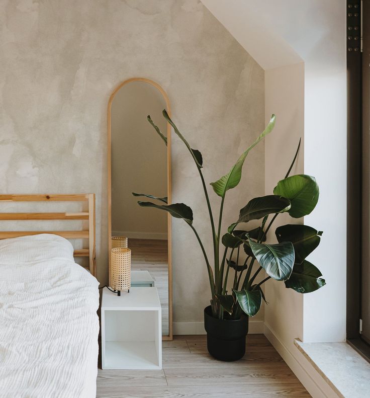 a bedroom with a bed, mirror and potted plant on the floor next to it