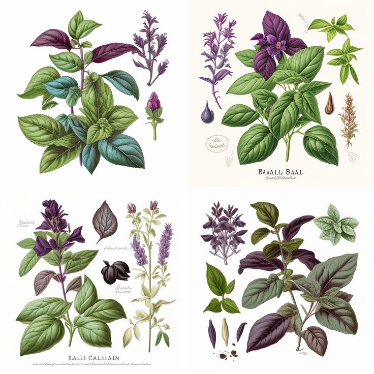 four different types of herbs with leaves and flowers on them, all labeled in english