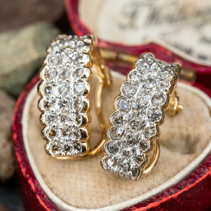 These elegant pierced earrings are each accented with twenty-seven (27), prong set, round brilliant cut diamonds. The earrings measure 17.4mm X 7.2mm and are finished with omega style backs. Diamond Huggie Earrings, Huggie Earrings, Pierced Earrings, Round Brilliant Cut Diamond, Huggies Earrings, Brilliant Cut Diamond, Earings Piercings, Round Brilliant, Prong Setting