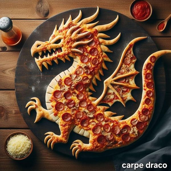 a pizza shaped like a dragon sitting on top of a plate next to condiments