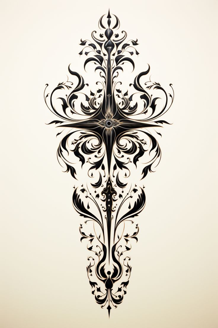 an ornate design on the back of a white background with black swirls and leaves