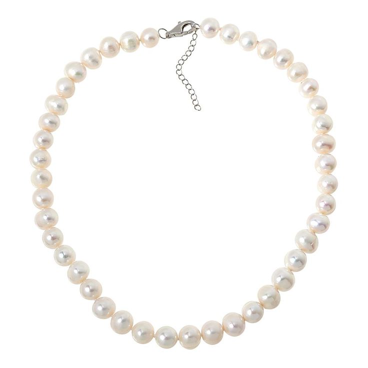 Kwan Collections 9-10mm Cultured Freshwater Pearl 18" Necklace  The timeless elegance of cultured freshwater pearls is embodied in this classic 18" strand. Hand-strung and individually hand-knotted, this pearl necklace includes a 2" extender so it's easy to customize for most any outfit or occasion!       Approx. 18"L x 7/16"W with 2" extender     Stamped .925; rhodium plating     Lobster claw clasp; chain link extender     Single strand, 9-10mm white cultured freshwater pearls   Stone Information       All sizes and weights approximate     Cultured White Freshwater Pearls - Off-round (9-10mm) White Freshwater Pearl, Oui Oui, Freshwater Cultured Pearls, Lobster Claw, Chain Link, Fresh Water, Freshwater Pearls, Timeless Elegance, Hand Knotted