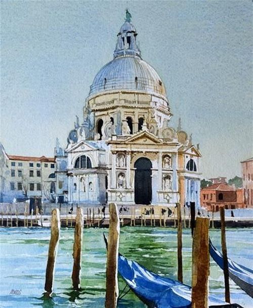 a watercolor painting of a building in venice, italy with gondolas on the dock