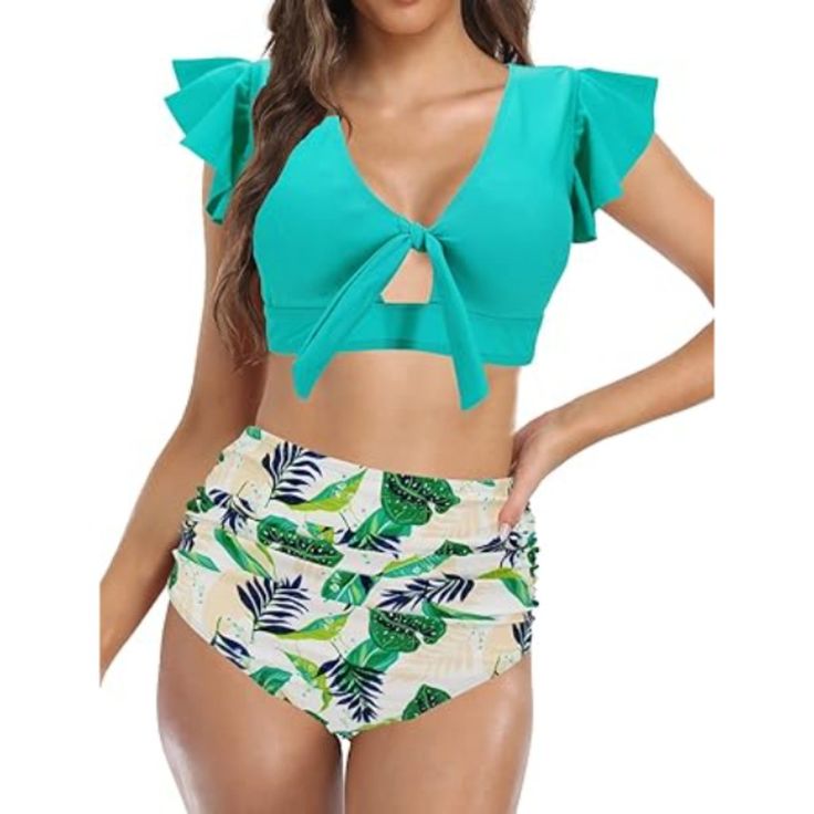 Flutter Ruffled Flounce Sleeve Two Piece Swimsuit, Have A Adjustable Knot In Top Front Cute And Floating. Deep V Neck, Soft Removable Pads,Wire Free, Round Back Cut Bikini Top, Give You Good Support And Flatter Shape. High Waist Bottom With Side Hollow Out Bandage Design Which Will Ensure A Good Tummy Control, Meantime Won’t Cover Your Sexy And Charming. High-Cut Leg And Cheeky Bottom Coverage Elongate Your Frame And Flatter Your Curves. Glamorous Tropical Floral Printed Match Solid Color Suit F Fitted Green Tankini With Ruffles, Fitted Green Ruffle Tankini, Fitted Green Ruffled Tankini, Green Sleeveless Ruffled Tankini, Green Ruffled Tankini For Swimming, Green Ruffled Tankini For Vacation, Green Ruffled Tankini For Beach Season, Fitted Green Ruffled Swimwear, Green Sleeveless Ruffled Swimwear