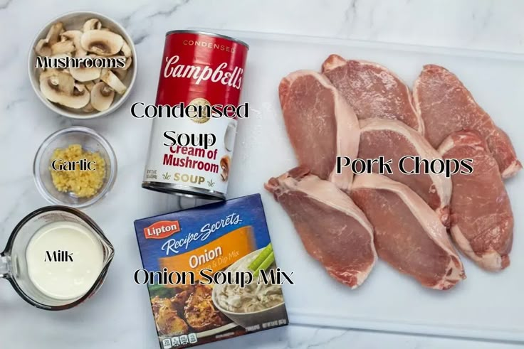 the ingredients for this recipe include pork chops, mushrooms, cornflakes and soup