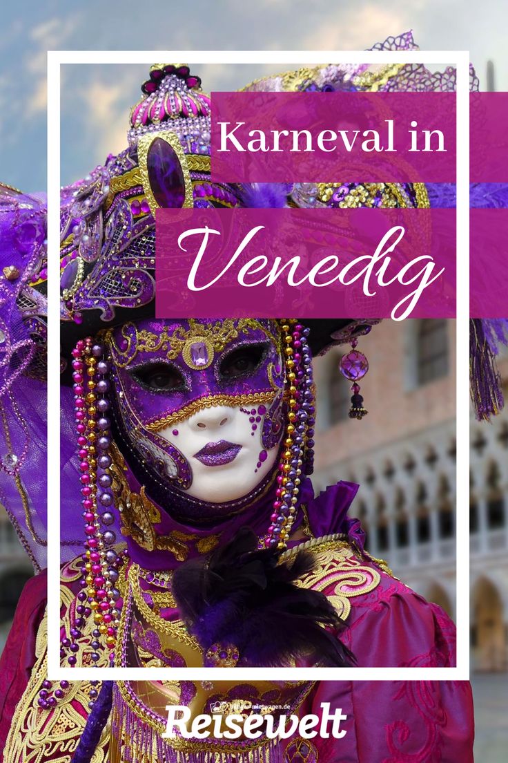 a woman in purple and gold costume with the words karneval in venedigg