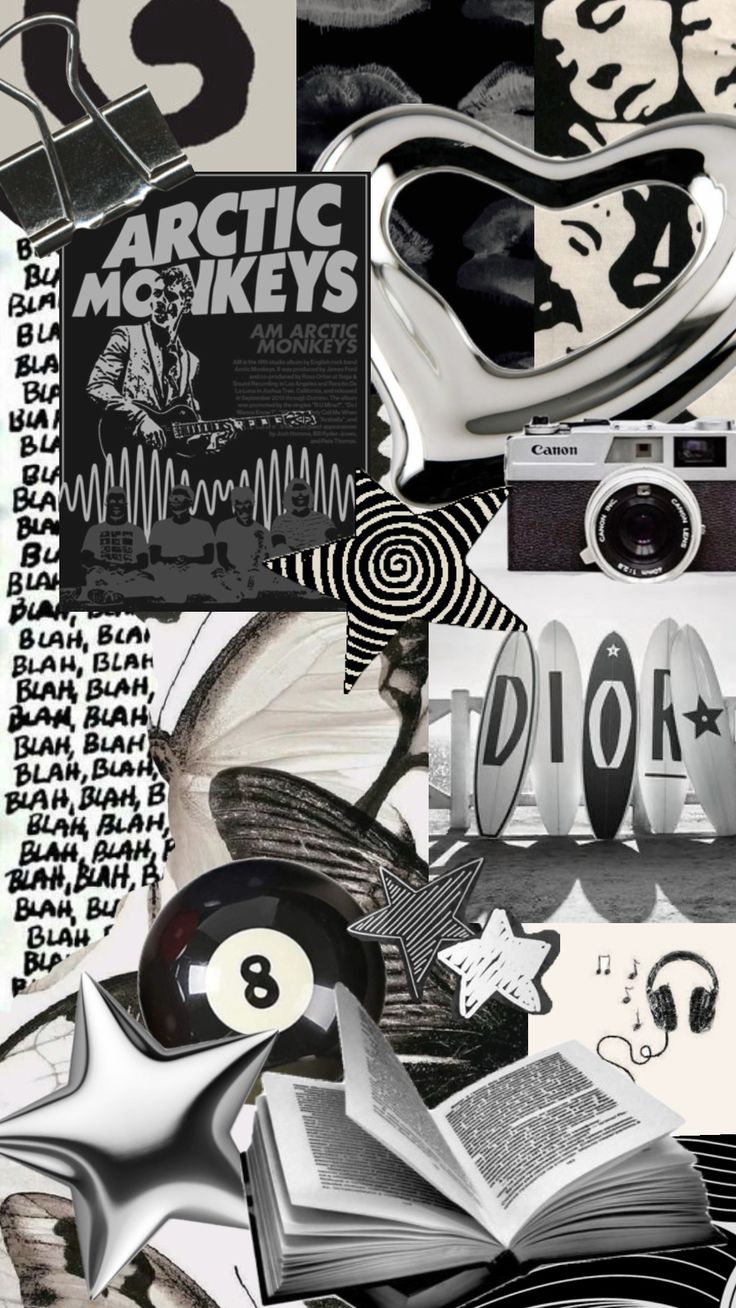 an artistic collage with black and white images, including books, headphones and other items