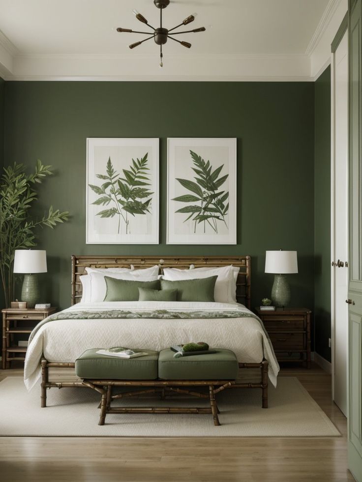 a bedroom with green walls and white bedding, two paintings on the wall above the bed