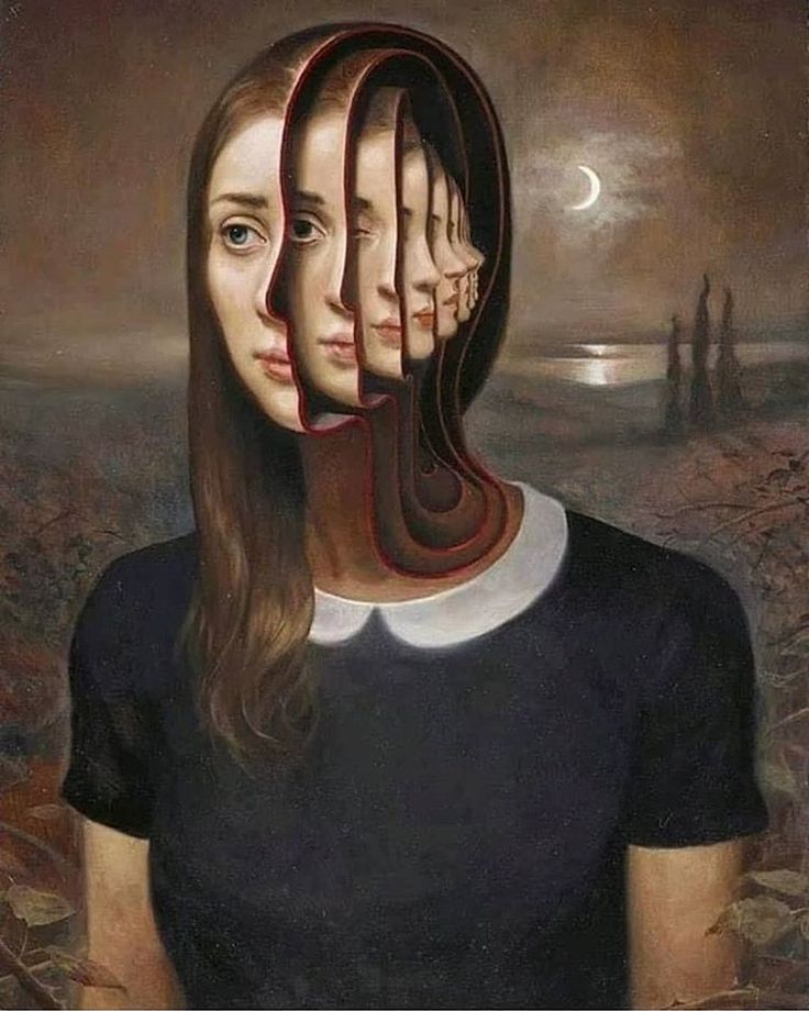 an image of a woman's face with multiple lines coming out of her head