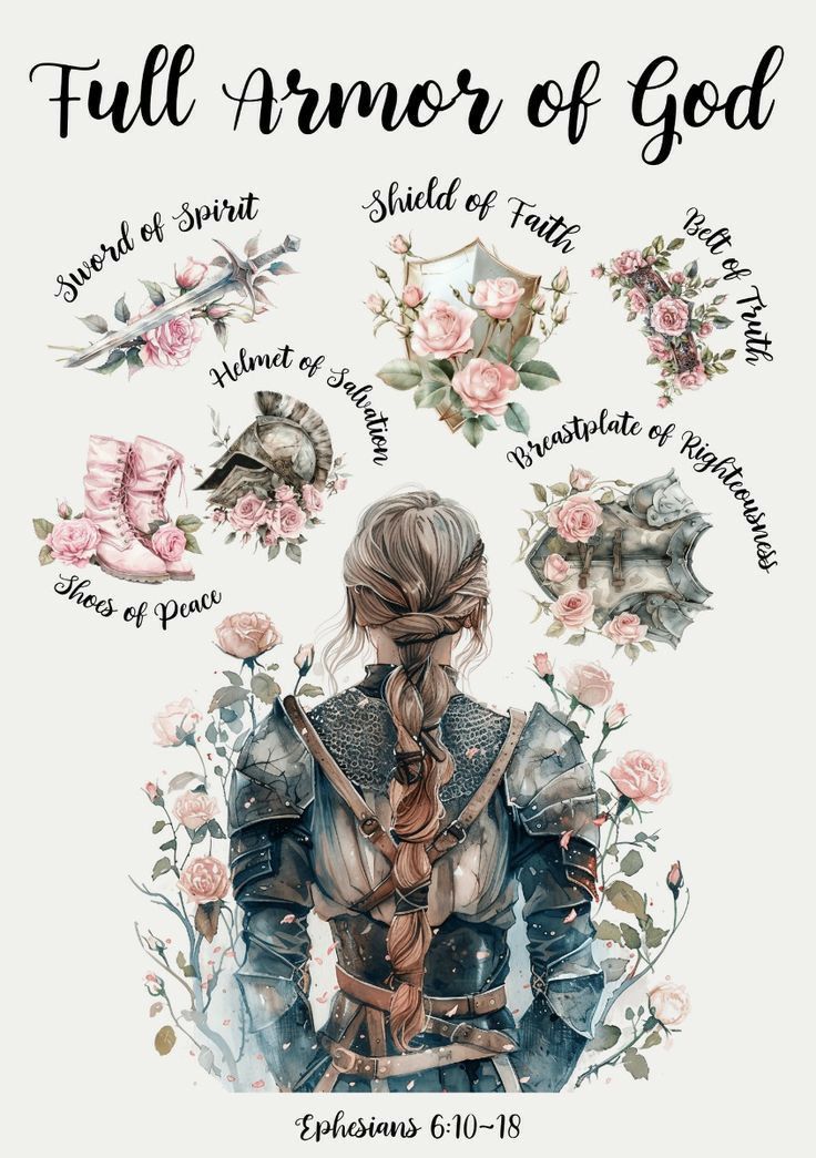 a poster with the words full armor of god written in different languages and flowers on it