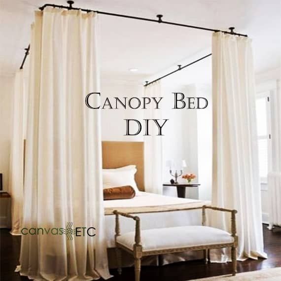 canopy bed diy with white drapes hanging from it's sides and an upholstered bench in the middle