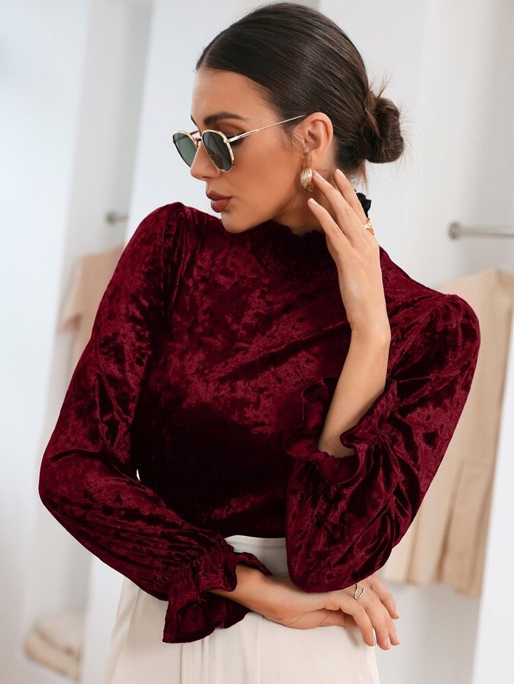 Velvet Tees, Flounce Sleeve, Friend Photoshoot, Mock Neck, Beautiful Jewelry, Womens Tees, Cold Shoulder Dress, Velvet, T Shirts For Women