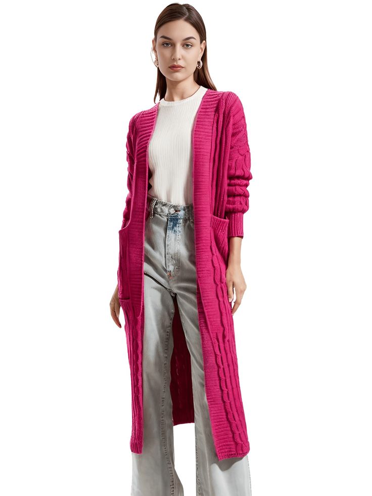 Stay warm and stylish with this knit Women's Extra Long Cardigan. This versatile piece is perfect for layering over your favorite outfits. Crafted from soft acrylic, it offers a comfortable and cozy feel. The extra long length provides ample coverage on chilly days. Key Features: Extra long length: Keeps you warm and in on current trends. Soft acrylic material: Provides a comfortable and cozy feel. Functional pockets: Keep your essentials within easy reach. Versatile styling: Can be dressed up o Soft Knit Acrylic Cardigan For Layering, Layering Soft Knit Acrylic Cardigan, Acrylic Soft Knit Cardigan For Layering, Soft Knit Acrylic Sweater Coat For Layering, Trendy Acrylic Sweater Coat For Layering, Long Knit Sweater Coat For Fall, Open Front Cable Knit Sweater Coat For Layering, Long Knitted Outerwear For Layering, Cable Knit Open Front Sweater Coat For Layering