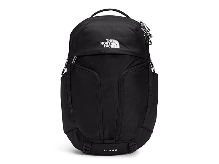 The North Face Women's Surge - Backpack Bags : TNF Black/TNF Black : No matter the day, keep your essentials organized in The North Face Women's Surge backpack. Top zipper closure. Top carry padded handle and adjustable, padded shoulder straps. Removable waist belt. Sternum strap with a whistle buckle. Two external J-zip pockets, one lined with fleece. Front compartment has internal organization with secure-zip pockets and a padded tablet sleeve. External, fleece-lined pocket for sunglasses, pho The North Face Travel Bag With Zipper Closure, Sporty The North Face School Bag, The North Face Outdoor Bag With Zipper, The North Face Functional Everyday Backpack, The North Face Backpack With Functional Pockets, The North Face Outdoor Bags, Functional The North Face Backpack, Functional The North Face Standard Backpack, Practical Everyday Bags By The North Face