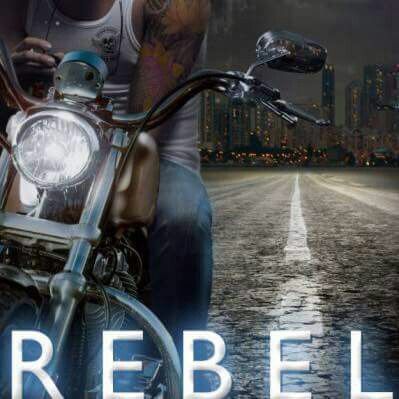 an advertisement for a book called rebel, with a man on a motorcycle in the background