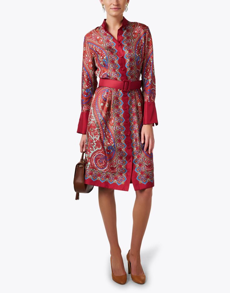 Rani Arabella’s red paisley dress is a feminine piece that is perfect for any season. Cut from intricately printed 100% silk, its easy shirt silhouette is finished with an adjustable belt for a perfect fit every time. Wear it with a neutral handbag to your next ladies lunch. Elegant Paisley Print Dress For Work, Elegant Paisley Print Dress, Elegant Fitted Red Shirt Dress, Elegant Red Shirt Dress For Spring, Neutral Handbag, Blue And Gold Dress, Ladies Lunch, Skirt And Top Dress, Fall Style Guide