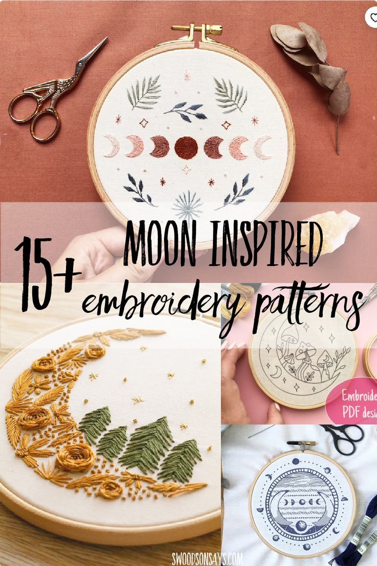 moon inspired embroidery patterns with text overlay