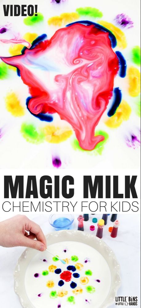 a child's hand holding a plate with liquid paint on it and the words magic milk