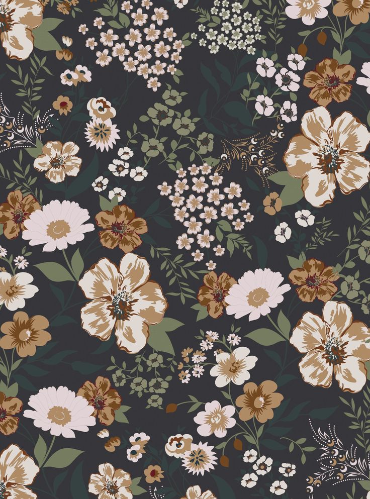 an image of a flower pattern with many different flowers on it's side and the same color as the background