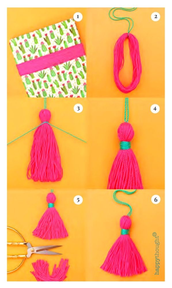 instructions to make a tasselled bag with yarn and pom - poms