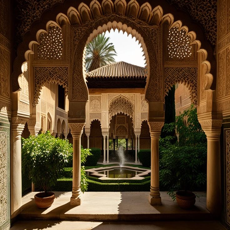 an archway in the middle of a courtyard with water fountain and palm trees on either side